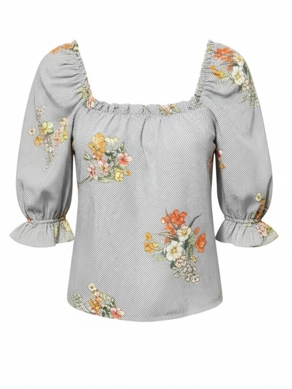 ASOS Cotton Puff Sleeve Stripe Floral Off Shoulder Top Size 6
